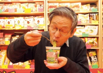 A senior citizen who has been eating noodles daily for thirty years