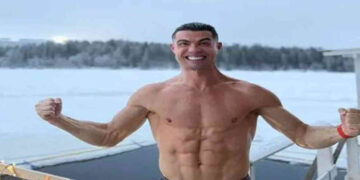 Portuguese star footballer Ronaldo swimming in ice water