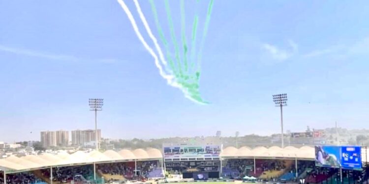SPECTACULAR FLYPAST BY PAKISTAN AIR FORCE AT THE OPENING MATCH OF ICC CHAMPIONS TROPHY
