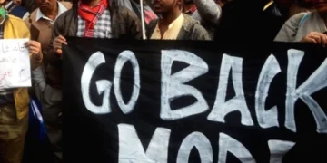 Protest demonstration on Indian Prime Minister's arrival in France; Slogans of Modi is a terrorist raised