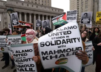 USA; Protest outside New York courthouse for release of Palestinian activist Mahmoud Khalil
