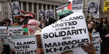 USA; Protest outside New York courthouse for release of Palestinian activist Mahmoud Khalil
