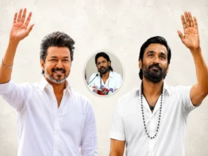 Dhanush addresses fans during a blood donation event, sparking political entry speculation.