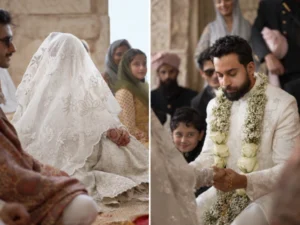 Bilal Abbas Khan dressed as a groom in a white sherwani during a fashion photoshoot