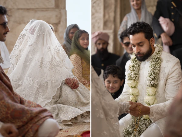 Bilal Abbas Khan dressed as a groom in a white sherwani during a fashion photoshoot