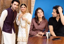 Esra Ayesha and Zayb Khan in matching white and gold outfits at their Nikah ceremony.