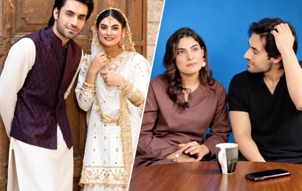 Esra Ayesha and Zayb Khan in matching white and gold outfits at their Nikah ceremony.