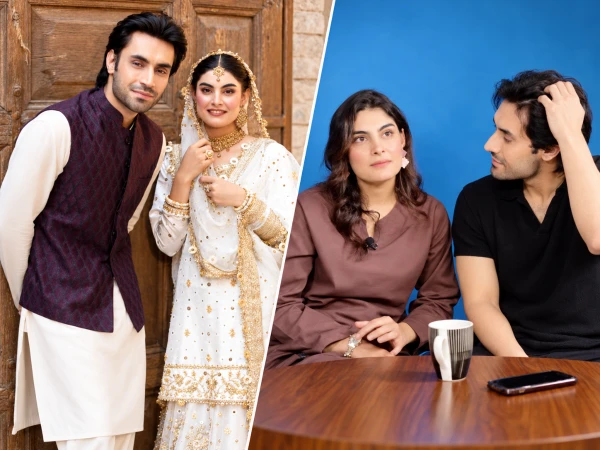 Esra Ayesha and Zayb Khan in matching white and gold outfits at their Nikah ceremony.
